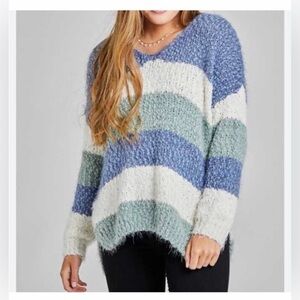 Altar'd State Eyelash Striped Colorblock Fuzzy V-neck Sweater